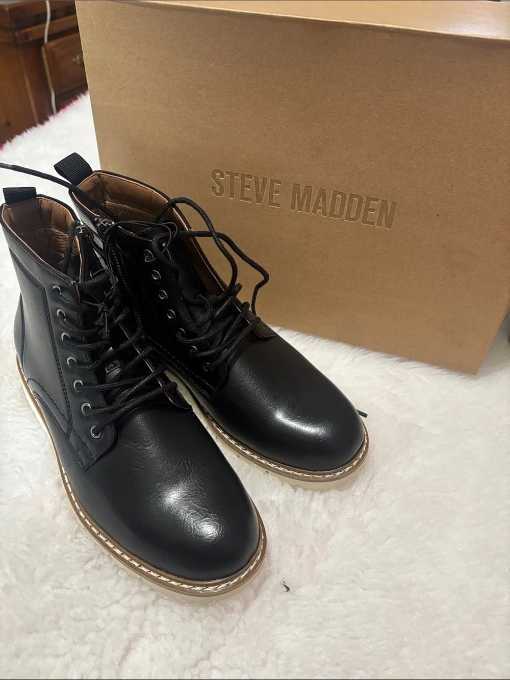 Steve Madden Men’s Black Lace-Up Ankle Boots Size 8.5 Side Zip